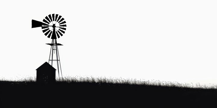 Dark silhouette of a windmill standing alone against a white background in a minimalist scene