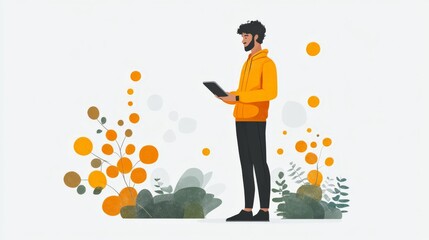 Modern Man with Tablet in Nature: A stylish young man in a bright orange hoodie stands against a backdrop of soft greenery and vibrant circles, holding a tablet and looking forward with a calm.