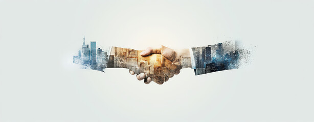 Double Exposure Of Two Business People Shaking Hands