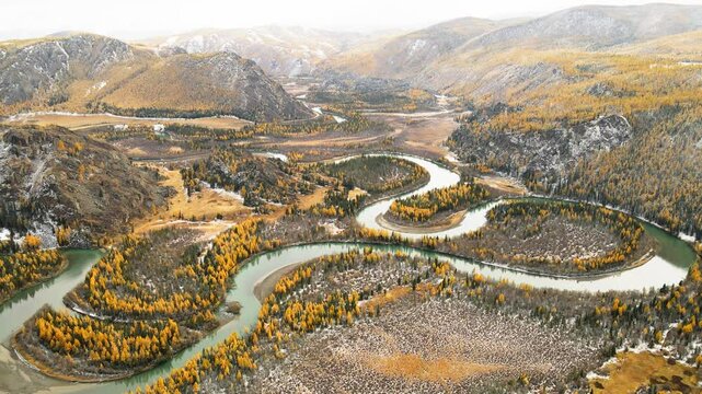 Chuya river in Altai mountains, Siberia, Russia. Aerial view. River with yellow autumn trees in the mountains. Beautiful autumn landscape.
