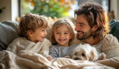 A happy family with two children sitting on the sofa at home, laughing and playing together in the living room. High-quality, realistic photograph. 