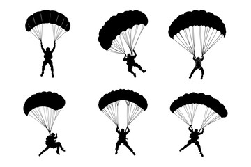 Set of skydivers, silhouettes parachuting vector illustration
