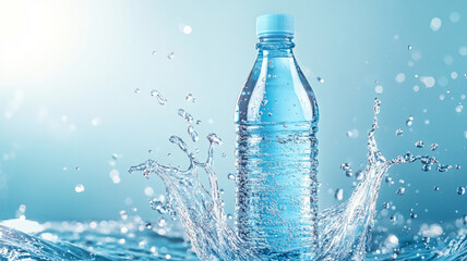 Refreshing water bottle splashing in bright blue water at midday with sunlight glistening