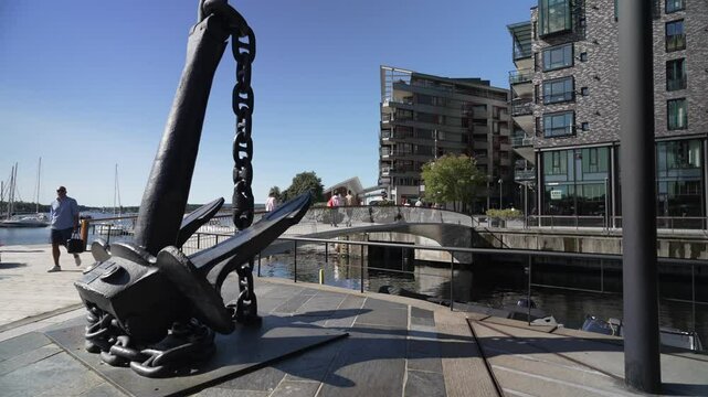 View of Anchor Cruiser Blucher and the waterfront on a sunny morning, Aker Brygge, Oslo, Norway, Scandinavia, Europe
