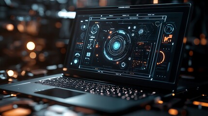Fototapeta premium High-tech laptop interface with digital gears in motion, futuristic mechanical design in dark theme.
