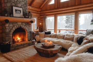 Cozy log cabin living room with a warm fireplace.