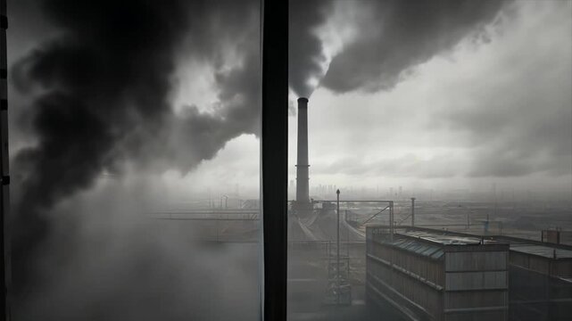 View from the window, smoke from industrial plants in the city, environmental problems, deteriorating city