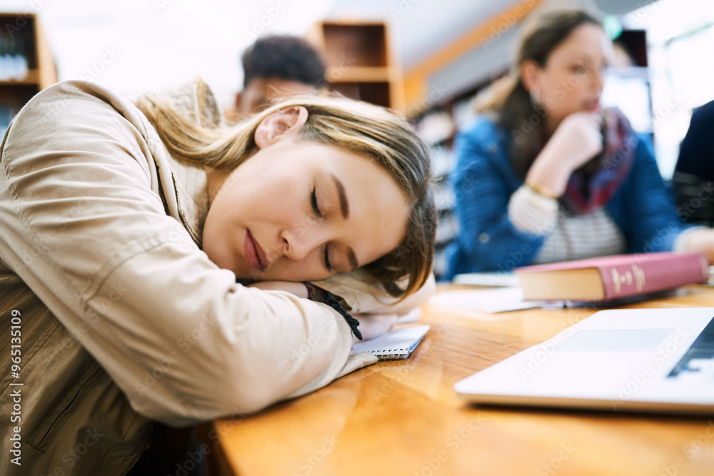 Poster girl, student and sleep at college with group, burnout and tired with books, tech and education in l