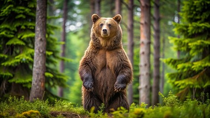 Obraz premium A large, brown bear, its coat glowing warmly, rises onto its hind legs, fixing the camera with an