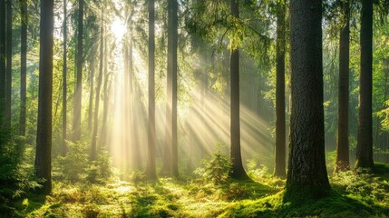 Obraz premium Forest with tall trees and sunlight filtering through