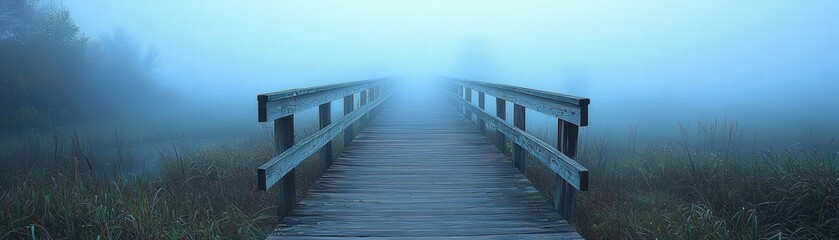 Obraz premium A fog-covered bridge with no visible end in sight, uncertainty, crossing into the unknown