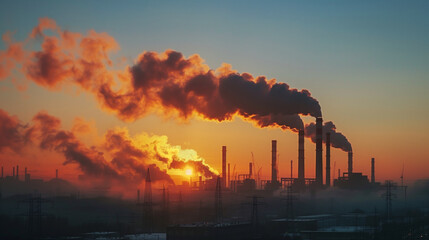 Obraz premium Industrial city skyline emitting smoke during a dramatic sunset, highlighting pollution and climate crisis