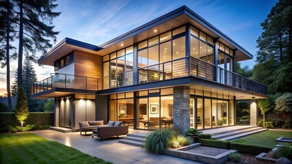 Obraz premium A luxurious two-story retreat features open living spaces, soaring windows, and sleek geometric design throughout.