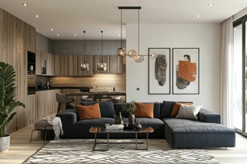 Modern living room with kitchen and stylish decor.