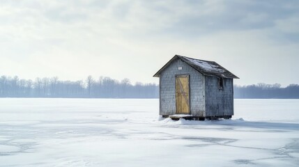Ice fishing hut on a frozen lake