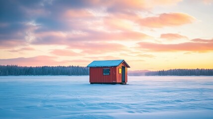 Ice fishing hut on a frozen lake