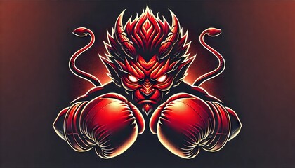 A pair of boxing gloves with a fierce, red demon-like character design, clenched together in a battle pose.