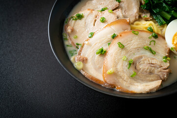 Ramen noodles in pork bone soup with roast pork and egg
