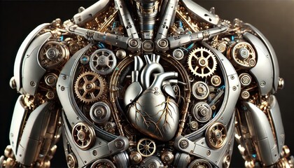 A close-up of a detailed and intricately designed robotic chest area with a mechanical heart exposed, showing intricate details of gears and circuits.