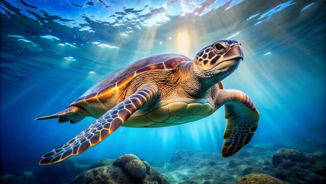 A majestic archelon sea turtle glides effortlessly through the ocean's azure depths, its massive fins propelling it