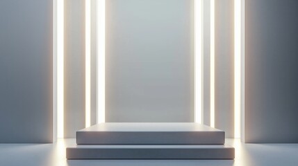 Fototapeta premium A modern 3D podium with ample empty space, framed by geometric light patterns, set against a light grey background, perfect for tech and industrial advertising