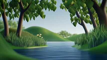 Fototapeta premium A serene landscape featuring a calm river, lush greenery, and peaceful trees under a clear sky, perfect for nature enthusiasts.