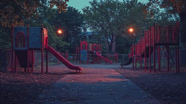 An empty playground at dusk, loss of innocence, childhood memories tinged with sadness