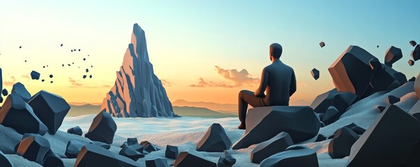 Fototapeta premium A serene landscape showcasing a figure contemplating a majestic rock formation during sunset, embodying peace and reflection.