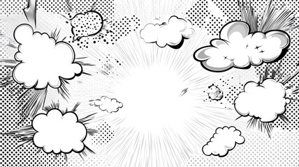 Dynamic comic-style explosion with empty speech bubbles and cloud illustrations