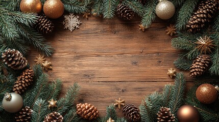 A decorated wooden tabletop surrounded by festive pine branches and ornaments, highlighting the warmth of the holiday season