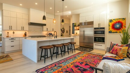 Kitchen with a colorful rug and throw pillows for added warmth and personality