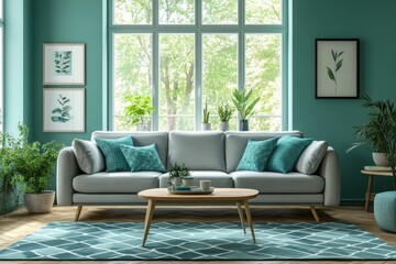 Cozy living room with plants and turquoise accents.