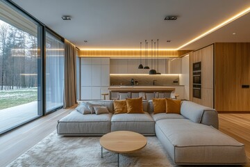 Fototapeta premium Modern living room with kitchen and large windows.