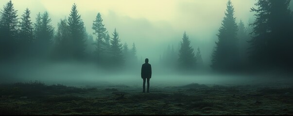 A lonely figure standing in a misty, empty forest, loneliness, sense of abandonment in nature
