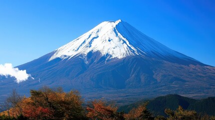 Mount Fuji with a clear blue sky and snow-capped peak -