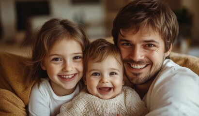 Obraz premium A happy family with two children sitting on the sofa at home, laughing and playing together in the living room. High-quality, realistic photograph. 