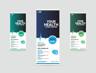 Professional health care and medical roll up design, standee and banner template decoration for exhibition, printing and presentation creative template design.