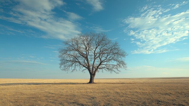 An old, withered tree standing alone in a vast empty field, endurance, loneliness over time