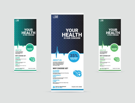 Professional health care and medical roll up design, standee and banner template decoration for exhibition, printing and presentation creative template design. - Powered by Adobe