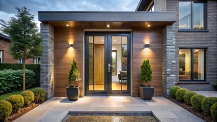Fototapeta premium A modern front door with glass panels and sleek design invites entry into a contemporary home, setting the
