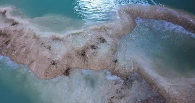 Beautiful close-up shot of the current of a turquoise water lake running between rocks with beautiful color and great purity. Millpu lake in Ayacucho, Per&uacute;.
