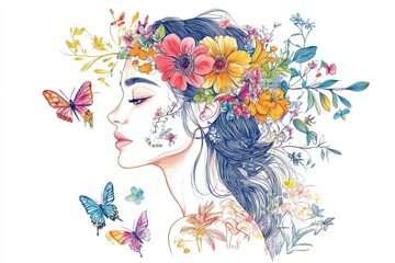 woman with flowers and butterfly