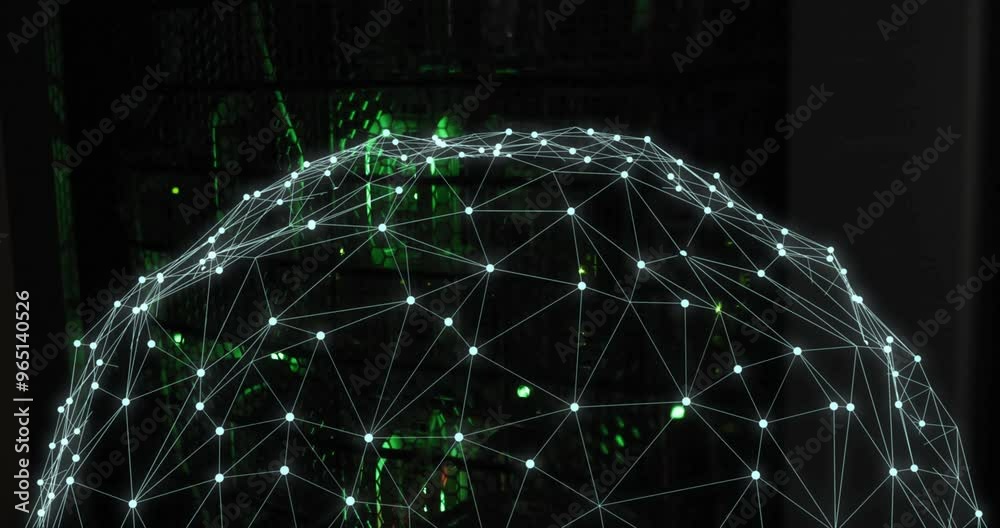 Poster animation of spinning globe and digital data processing over computer servers