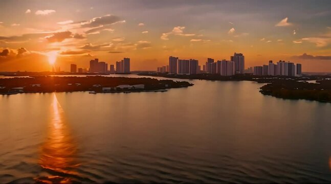 Aerial lateral b roll footage Edgewater Miami awesome sunset 4k