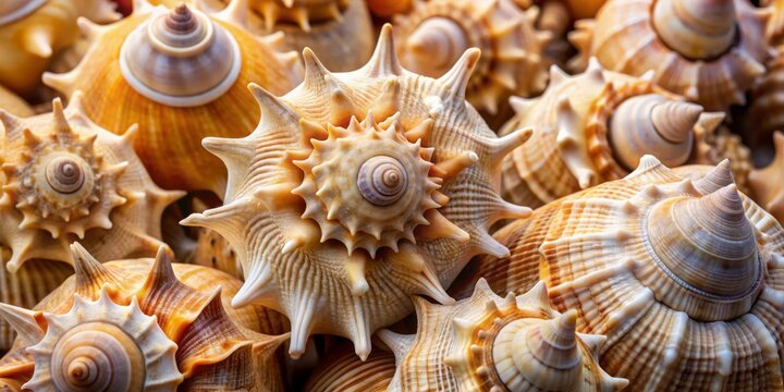 Ancient shells reveal intricate patterns and sharp spines of giant knobbed whelks, testament to their centuries-old