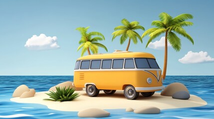 A vibrant yellow van on a tropical island surrounded by palm trees and turquoise water, evoking a sense of adventure and relaxation.