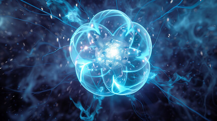 Obraz premium Fiery atomic particle with energy beams in a dynamic quantum reaction symbolizing nuclear energy