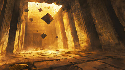 In a dark, hidden temple room, a large crack in the ceiling reveals falling stones, their impacts sending vibrations through