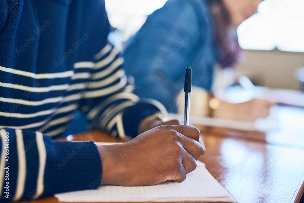 Poster Hands, writing and test in classroom at university with people, students and notebook for assessment. Person, exam or quiz with question paper, learning and education with solution at university