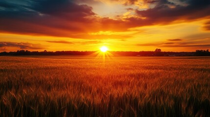 Fototapeta premium Orange and yellow sunset over a field --
